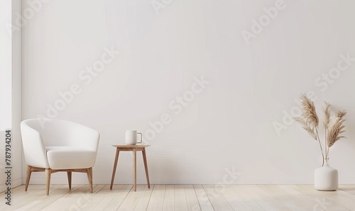 relaxing room design with comfortable armchairs, small table and ornamental plants, white wall background, 3d render, 3d illustration