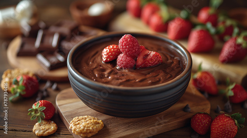 2. Chocolate Fondue Delight: In a cozy kitchen setting, a fondue pot overflows with molten chocolate, surrounded by an array of tantalizing dipping options such as strawberries, ma