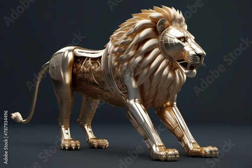 Mechanical metallic lion figurine. Digital illustration. © eestingnef
