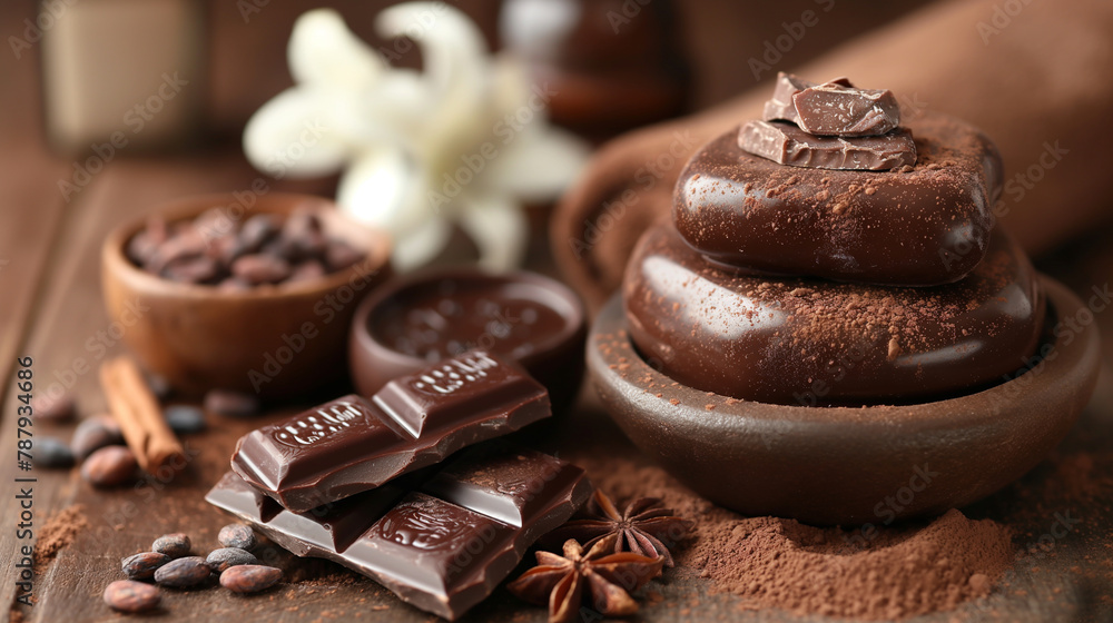 11. Chocolate Bliss Spa Day: Amidst the serene ambiance of a luxury spa, guests indulge in decadent chocolate-themed treatments, from cocoa-infused facials and body wraps to soothi - obrazy, fototapety, plakaty 