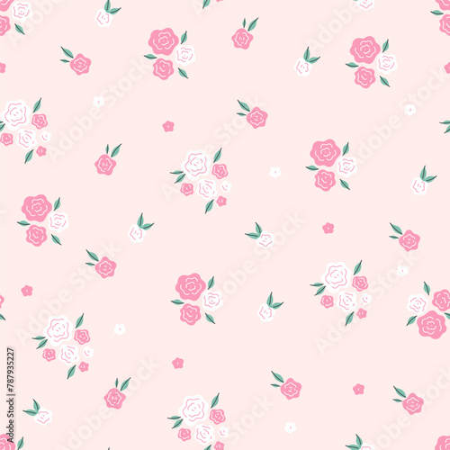 Simple seamless pattern with pink and white roses. Vector graphics.