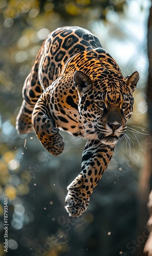 A large leopard gracefully jumps through the air, displaying its power and agility © Umar