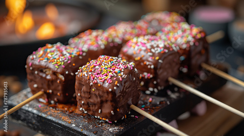 29. Chocolate-Coated Marshmallows: A cozy campfire scene invites roasting marshmallows, with skewers laden with fluffy marshmallows dipped in molten chocolate, their surfaces adorn