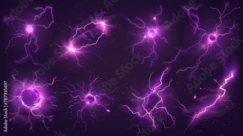 Modern illustration of neon purple cracks, electric discharge on the dark sky, thunderstorm flash light effect, destructive power strike.