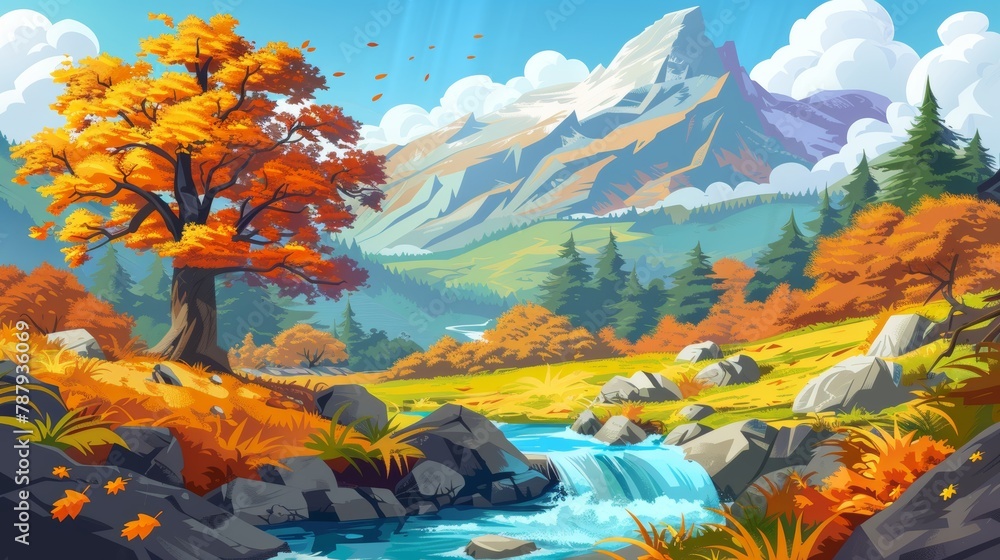 A river in autumn forest and mountain landscape modern cartoon. Autumn leaves and beautiful stream in a meadow. Orange grass and woods panorama background.