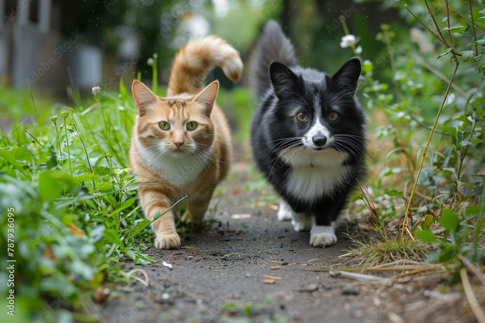 fluffy friends cat and corgi dog walk along the green grass on the summer path