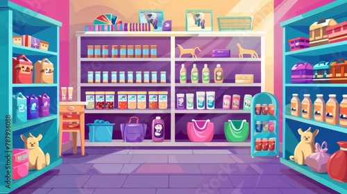 An isolated modern cartoon clipart of a pet shop interior. A supermarket where animals can buy food and toys. Domestic puppy supplies. Doggy bedding  shampoo  and cat carriers. A chain of pet shops