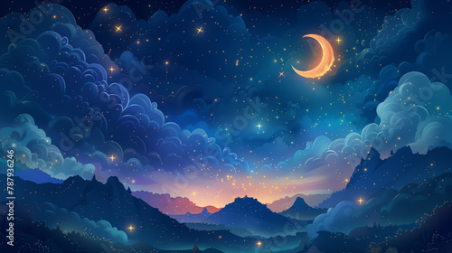 illustration of a dream-filled night sky, with stars, clouds, and moon