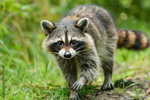 A raccoon is moving through the grass towards the camera