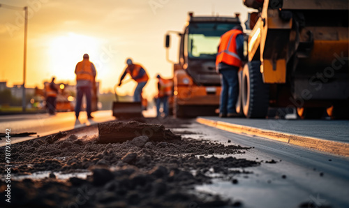 Road Construction. Road Workers making new asphalt with Construction machines. Construction Machinery on the Construction Site