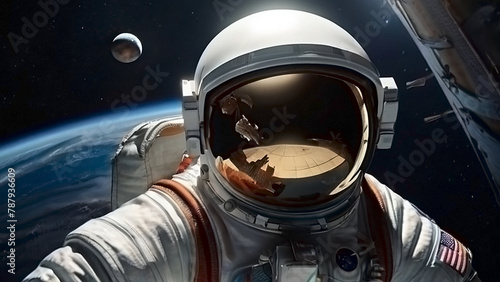 Happy Cosmonautics Day. An astronaut wearing a spacesuit in outer space. A breathtaking view of the planet Earth. An image created with the help of artificial intelligence.