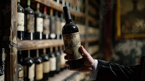 Vintage Wine Bottle Presentation in Wine Cellar photo