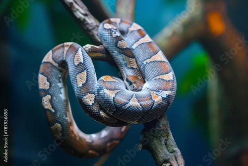 A detailed close-up of a snake coiled on a tree branch, showcasing its scales, eyes, and slithering movement