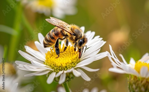 Close-up of a bee pollinating a flower, emphasizing the critical role of biodiversity in our ecosystems.