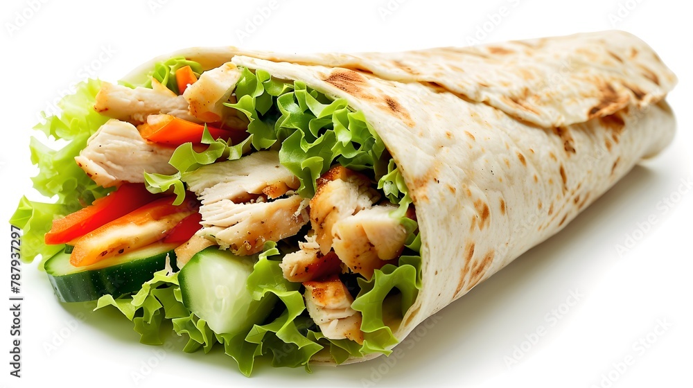 Fresh Chicken Wrap with Vegetables on a White Background. Healthy Fast Food Option with Salad. Ideal for Menu Display or Food Blogs. AI Fresh Chicken Wrap with Vegetables on a White Background. Healthy Fast Food Option with Salad. Ideal for Menu Display or Food Blogs. AI