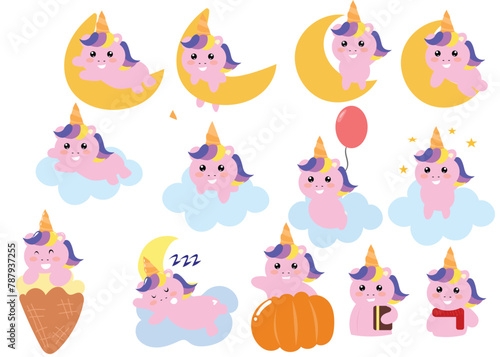 set of adorable kawaii baby unicorn  variant gesture. zoo collection. Farm.Happy.Smile face.Isolated.Kawaii.Vector.Illustration. for invitation card  templates