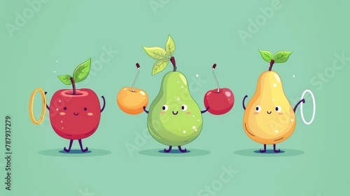 Exercise modern illustration featuring adorable fruit characters. Yoga exercise icon set with fruit characters including: zen apple, pilates plum, stretch cherry and avocado pear with hula hoop