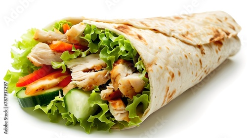 Fresh Chicken Wrap with Vegetables on a White Background. Healthy Fast Food Option with Salad. Ideal for Menu Display or Food Blogs. AI