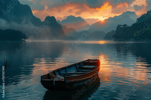 Fishing boat on the lake at sunrise, karst mountains background
