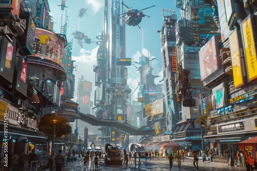 A cybernetic metropolis with towering skyscrapers. busy road and a diverse population of humans and robots living and working together in harmony.