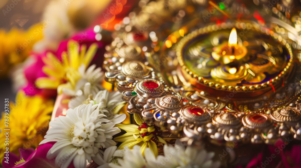 Traditional Diwali Diya Lamp and Floral Decorations