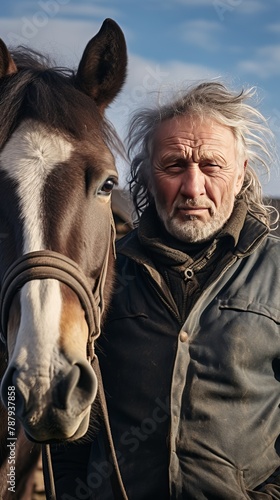 A man stands elegantly next to a majestic brown horse in a serene countryside setting