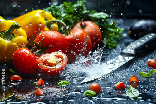 fresh vegetables with water splashes and knife