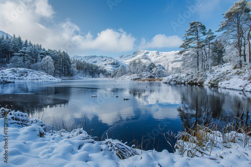 Frozen tarn haws covered in snow lake district