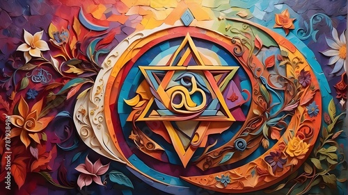 a colorful mural with the crescent, cross, Om, and Star of David harmoniously entwined to represent the peaceful coexistence of many religions. a unity mural. Creative