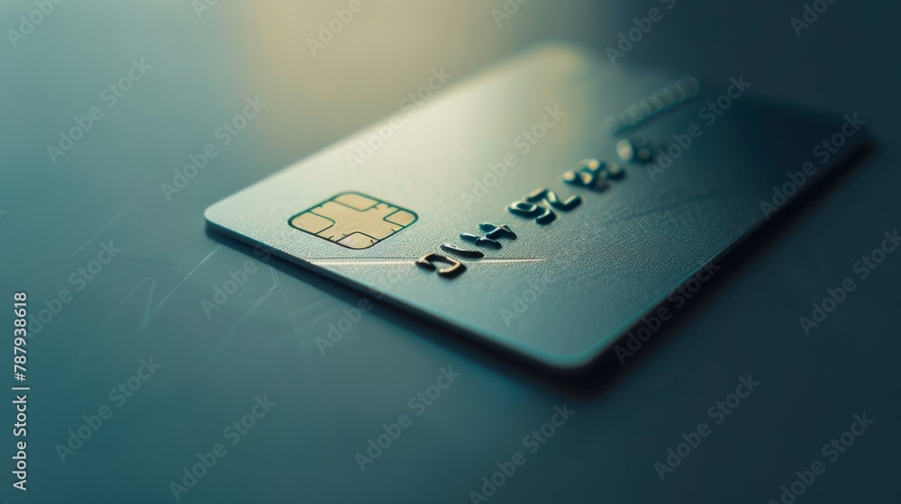 Close-up view of a blue credit card on a reflective surface with dramatic lighting Close-up view of a blue credit card on a reflective surface with dramatic lighting