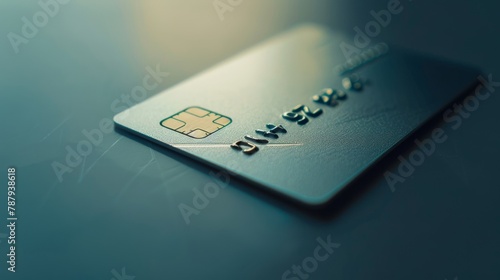Close-up view of a blue credit card on a reflective surface with dramatic lighting photo