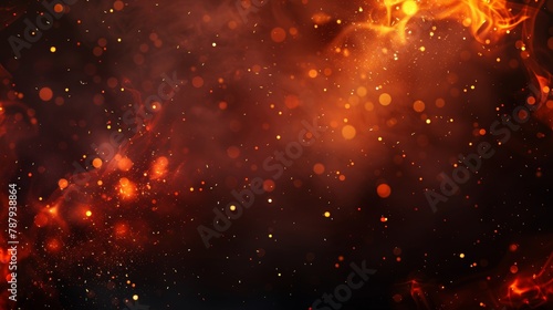 Burning coal, grill, hell or bonfire with flame glow, flying orange sparkles and fog over a black background. Modern realistic illustration.