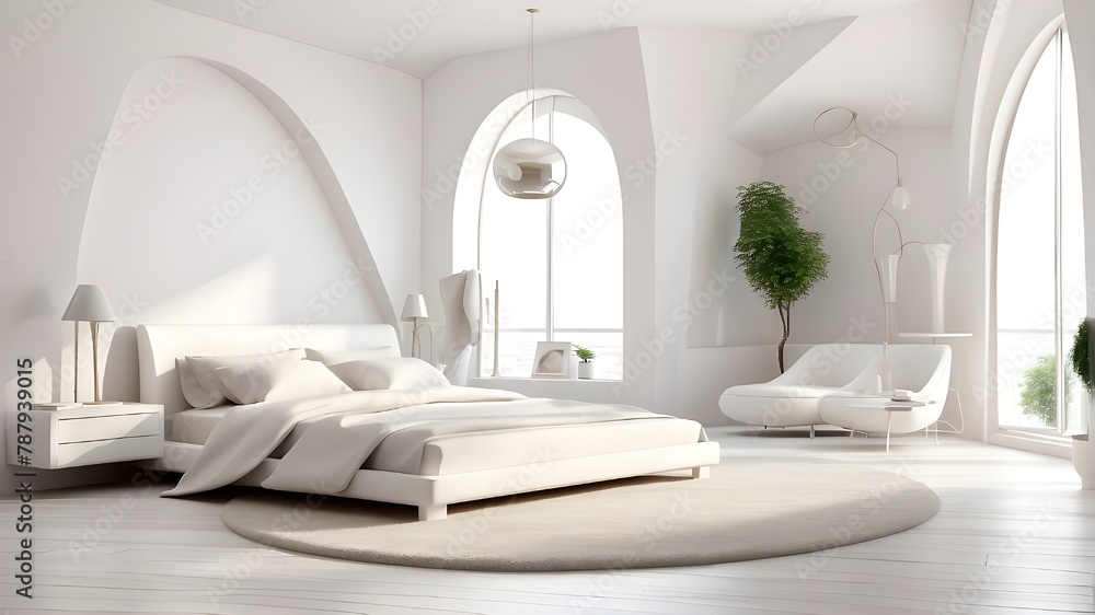 Interior of white bedroom. 3D drawing