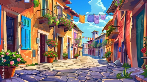An old Italian street with colorful houses. A traditional European street perspective depicting stone pavement, laundry on balconies with flowers, and a sunny day.