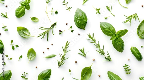 Fresh herbs scattered on white background. Basil, rosemary, and thyme. Perfect for culinary concepts and healthy eating. High-quality stock image. AI photo