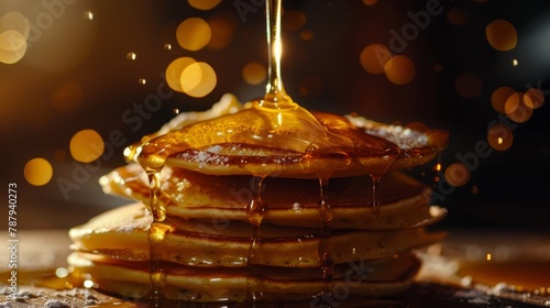 Stack of Pancakes Drizzled with Golden Syrup and Bokeh