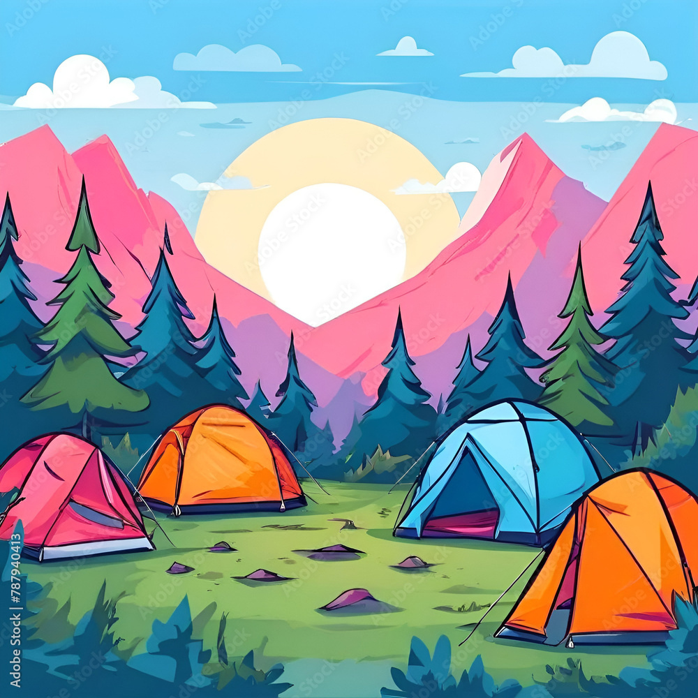 invitation-background-with-various-camping-tents-2d-cartoon-style-illustration-white-background-s invitation-background-with-various-camping-tents-2d-cartoon-style-illustration-white-background-s
