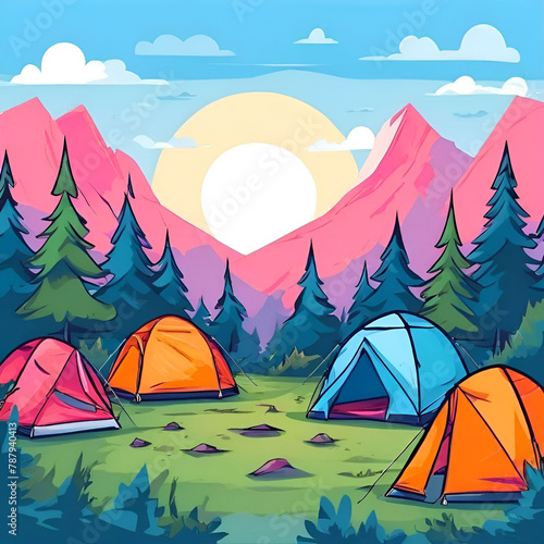 invitation-background-with-various-camping-tents-2d-cartoon-style-illustration-white-background-s 