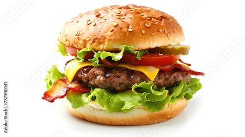 Delicious Classic Burger with Fresh Ingredients. Ideal for Fast Food Advertising. Simple and Tasty. White Background. Stock Photo. AI © Irina Ukrainets