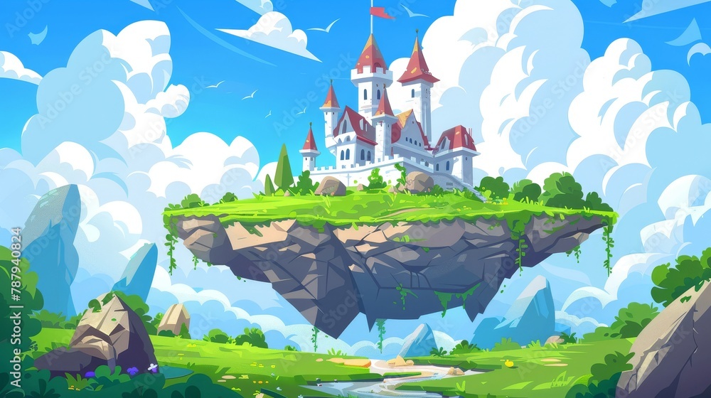Cartoon landscape with fantasy castle on floating island in the sky ...