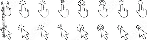 Set of Computer mouse click cursor icons line styles with editable stock. Load symbols. Modern vectors for web sites or mobile apps. Arrows and hands click designs isolated on transparent background.
