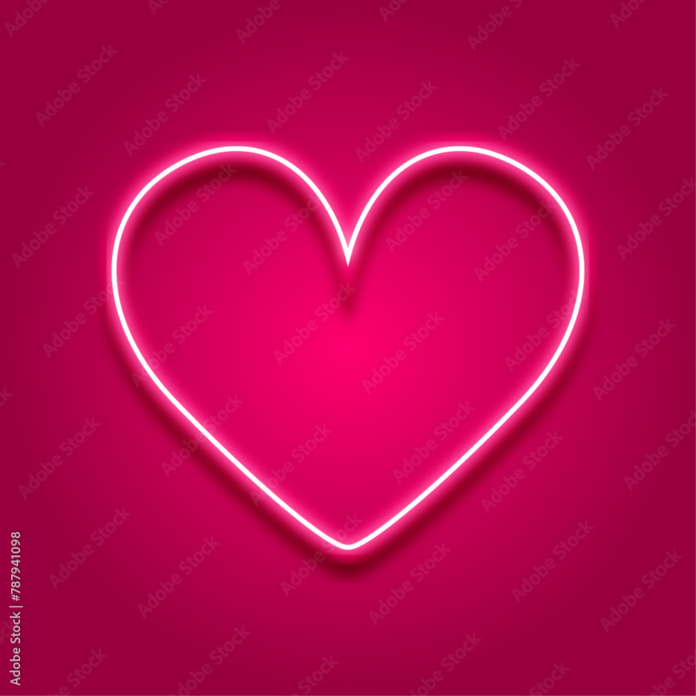 Glowing neon heart on a pink background. Pink neon heart. Glowing pink neon heart sign. Bright glowing design element