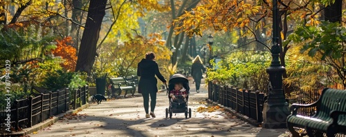 mother pushing her child's stroller on a crisp autumn day with fallen leaves. banner