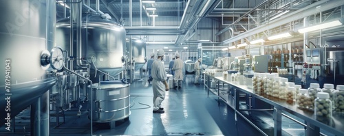 A pharmaceutical production line with diligent workers wearing protective gear and monitoring bottles of pills ensuring quality control photo