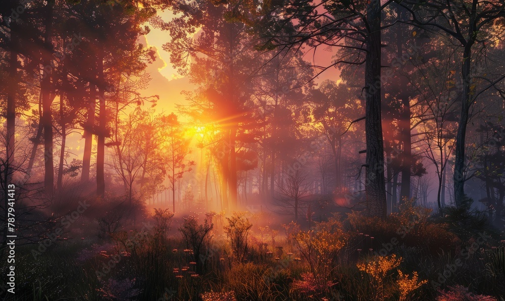 Enchanting forest scenery with sunbeams piercing through the mist and trees