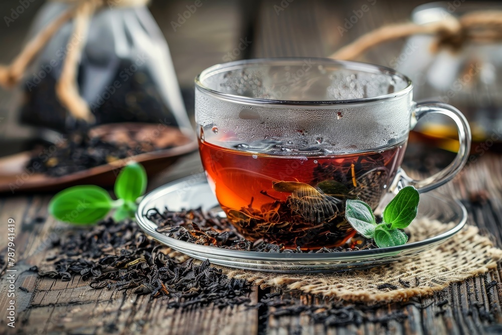 Transparent glass cup of black tea with tea bags on old wooden background selective focus - obrazy, fototapety, plakaty 