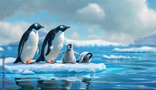  Family of penguins on in ocean water.