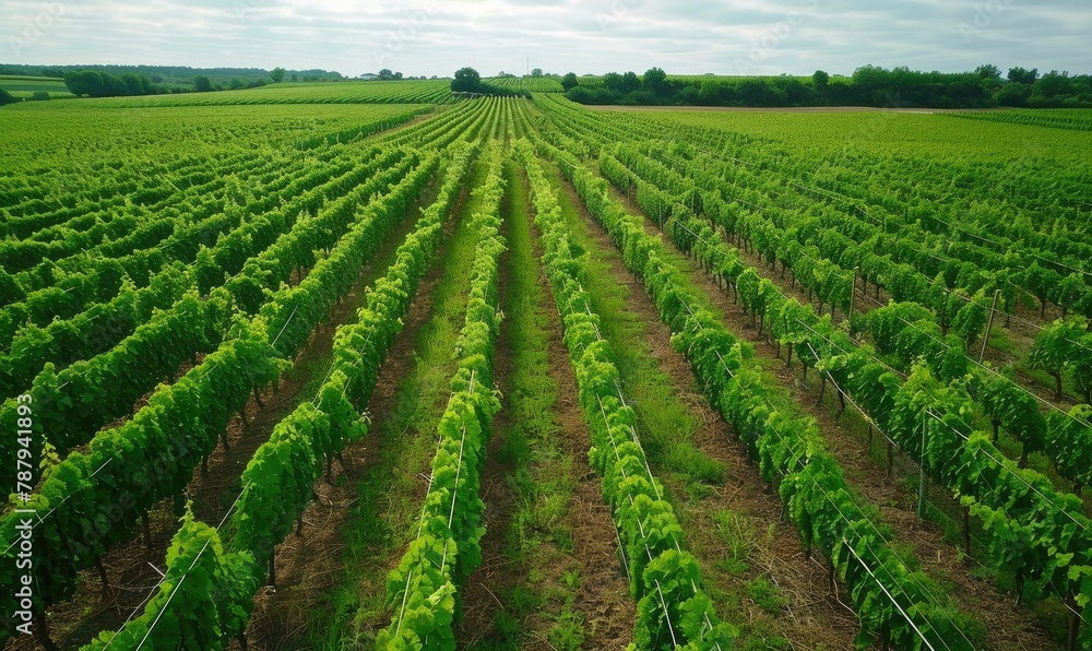 beautiful green vineyard stretching into the distance under a clear sky, symbolizing growth and bounty