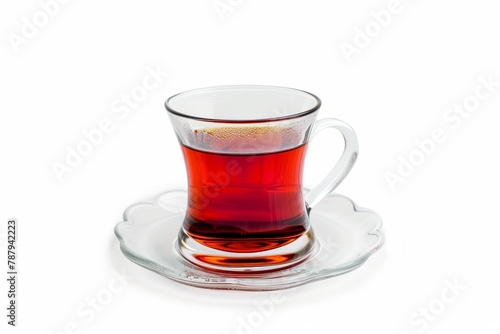 Turkish tea in clear glass on white background Isolated traditional drink High quality photo of hot red tea
