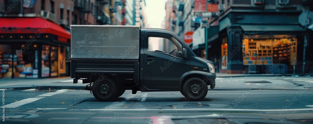 Fototapeta premium A compact white delivery truck is parked on a bustling city street with shops and pedestrians